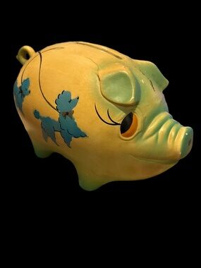 3/$25 Yellow Pig Bank with Blue Poodle Decals - Unbranded